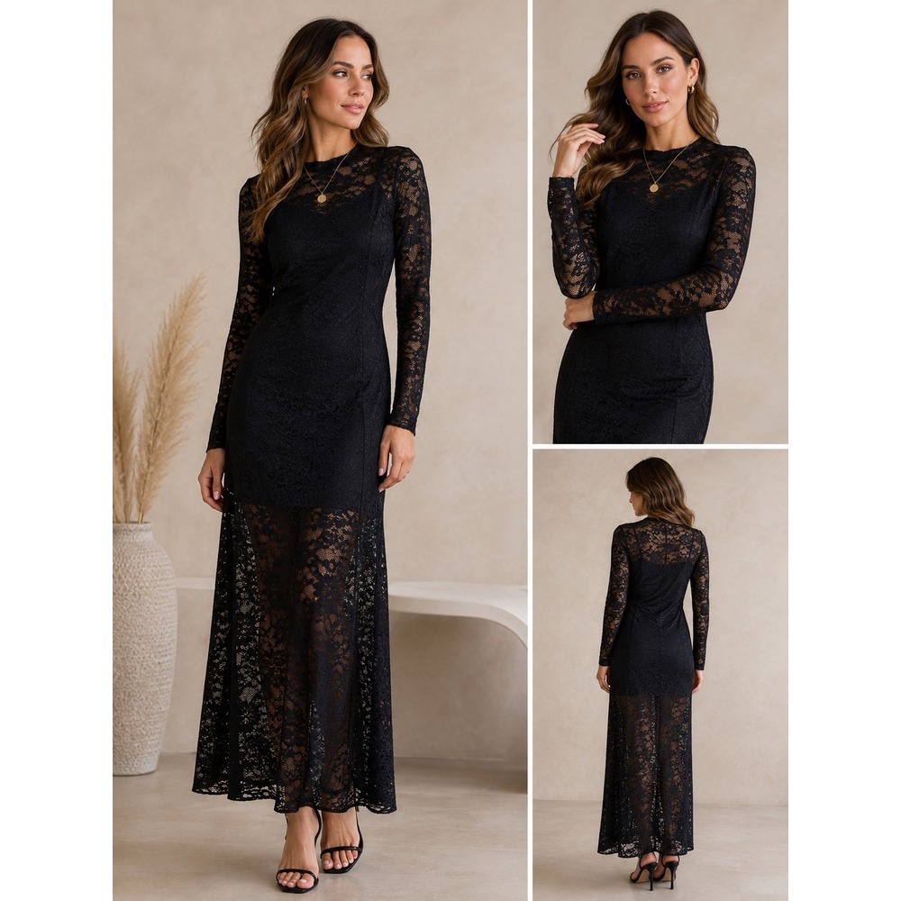Oak & Trellis Womens Black Floral Lace Mock Neck Long Sleeve Maxi Dress Medium